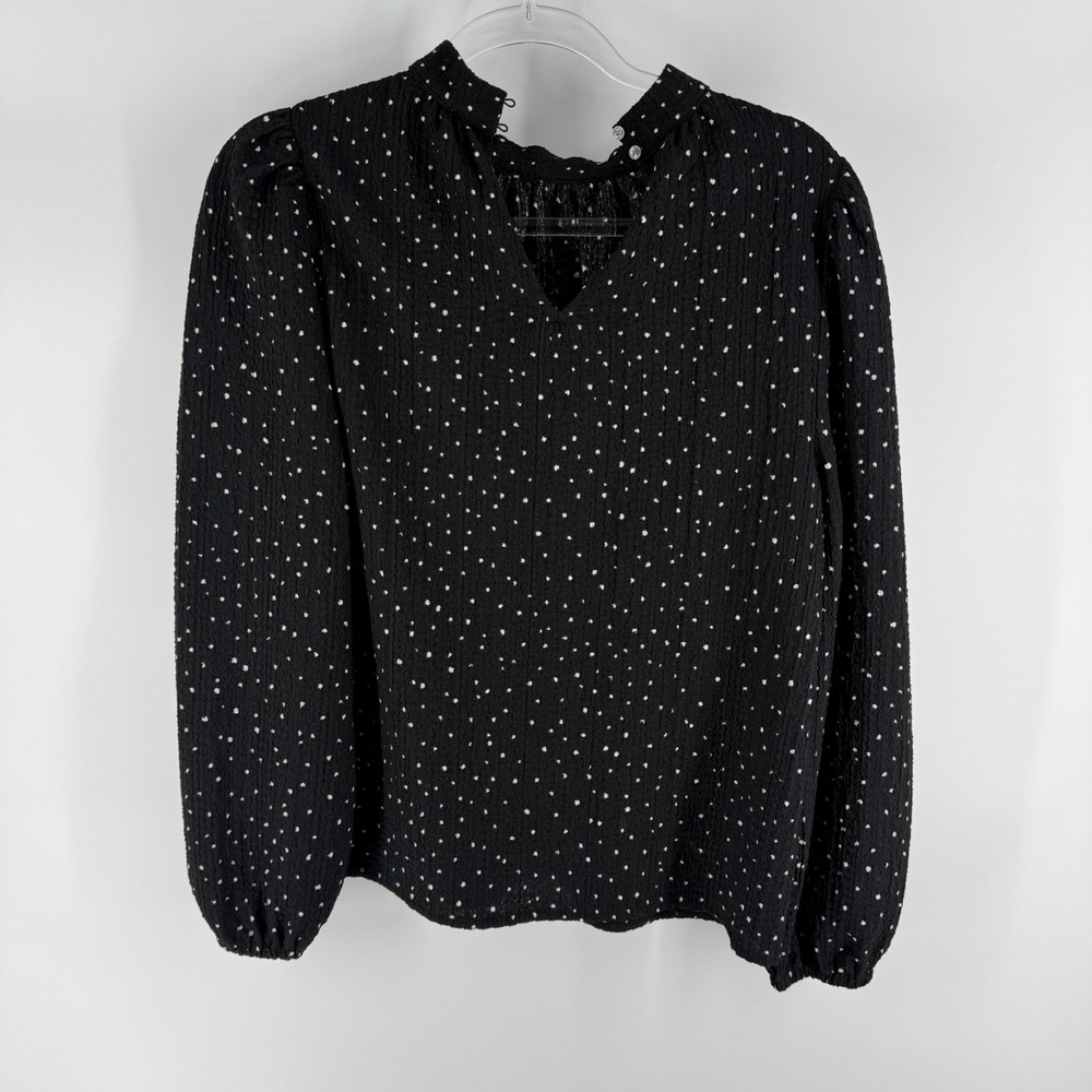 Loft Blouse Top Womens Small Black White Polka Dot Puff Sleeve Keyhole Neck